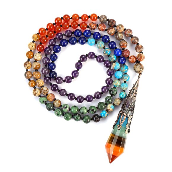 Natural 7 Chakra Mala Prayer Beads Necklace Healing Crystal Pendant Meditation